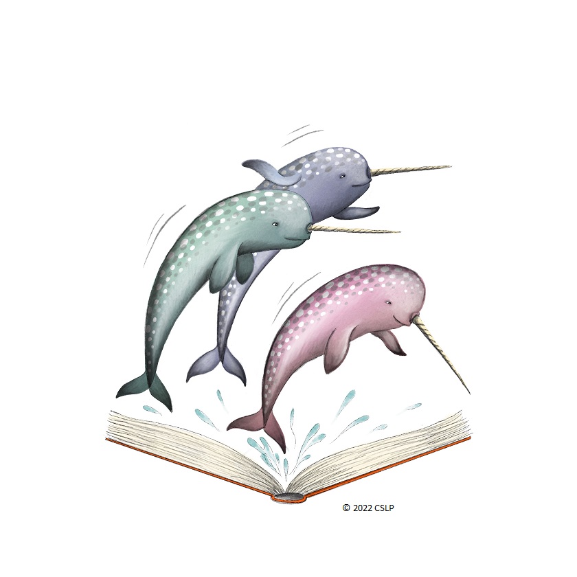 Three narwhals jumping out of a book