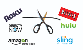Scissors cutting cable cord with names of streaming services around it
