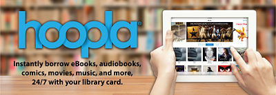 hoopla promotional banner with person holding ipad