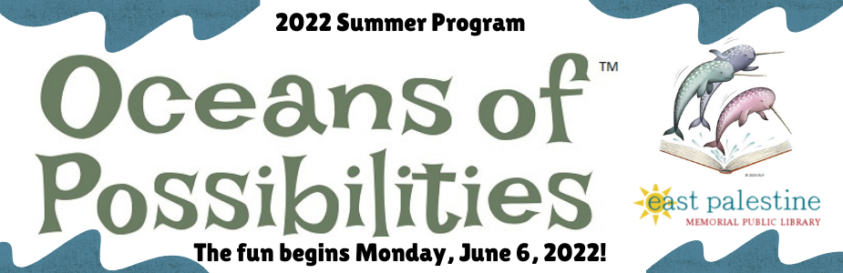 Oceans of Possibilities Summer Program with blue waves above and below slogan and narwhals jumping out of a book