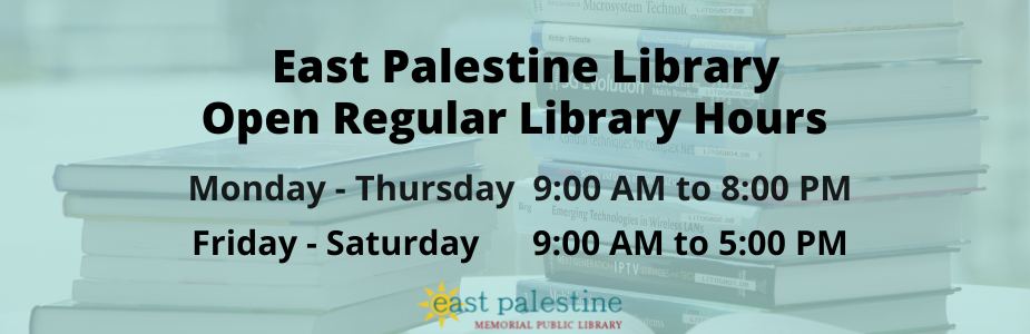 Now open regular library hours on green background