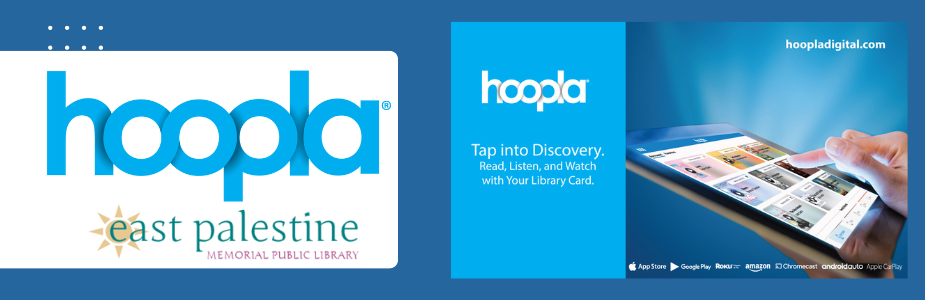Hoopla logo with hand pointing to tablet screen
