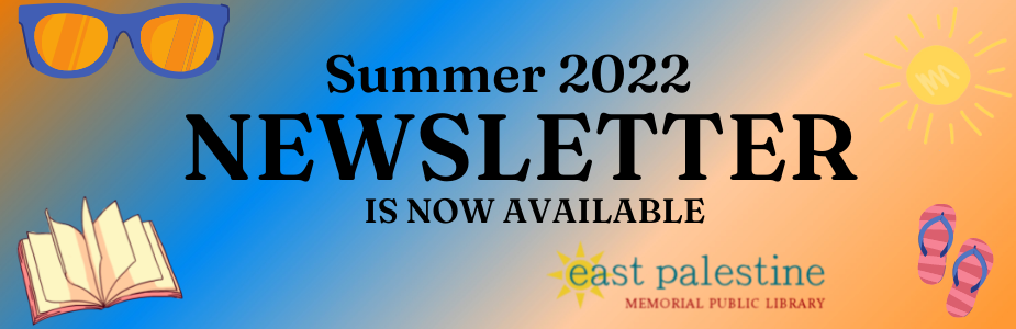 Summer 2022 Newsletter with gold and blue background with sunglasses, books, sun, and flip flop shoes
