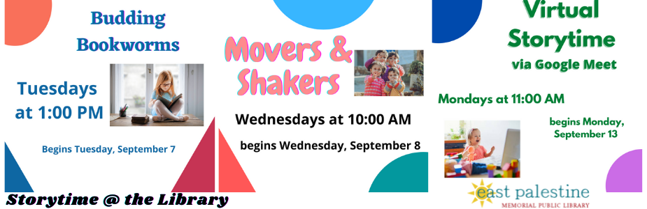 Storytime @ the Library with dates and times and colorful shapes around the border