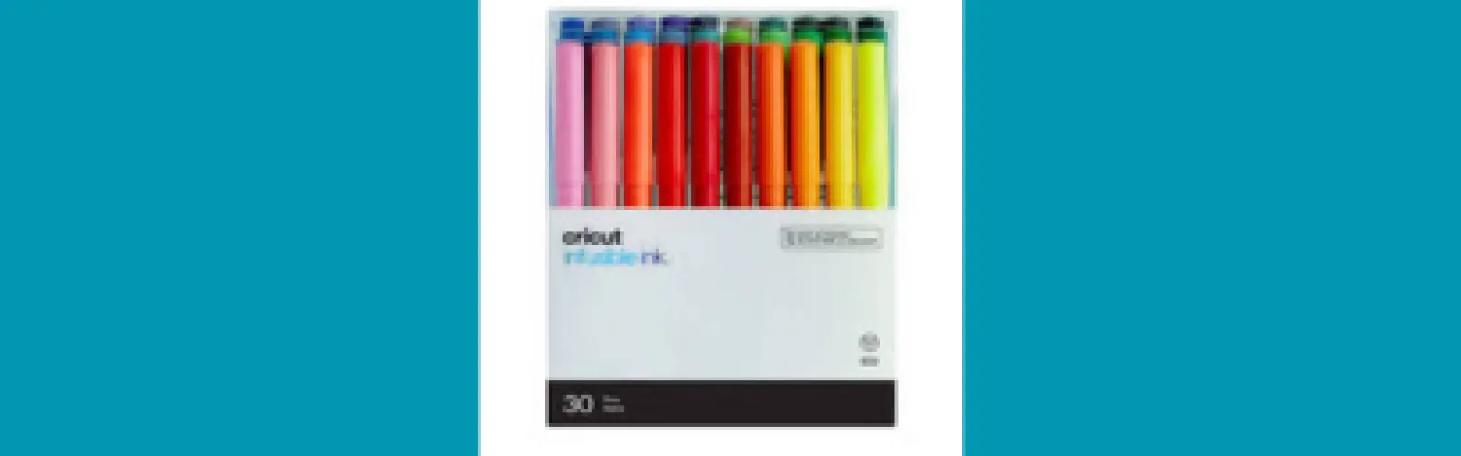 A container of Cricut Pens on a turquoise background