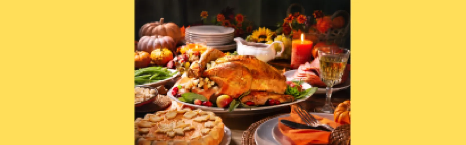 Table full of Turkey and Thanksgiving food.