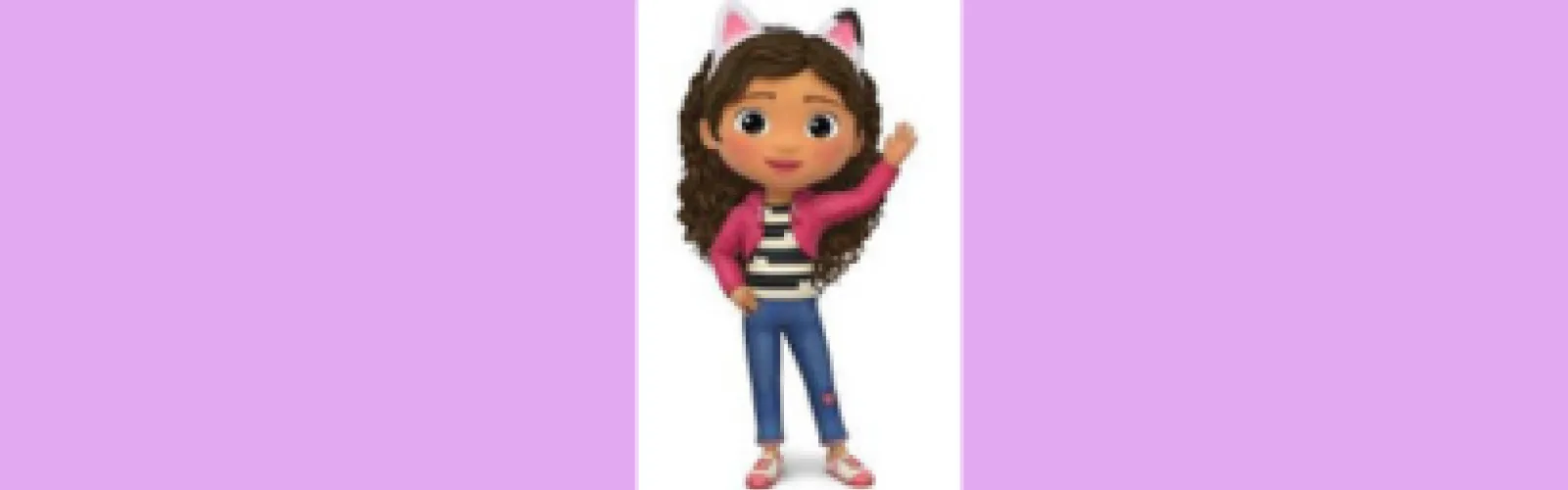 A girl with long brown curly hair and cat ear headband waving