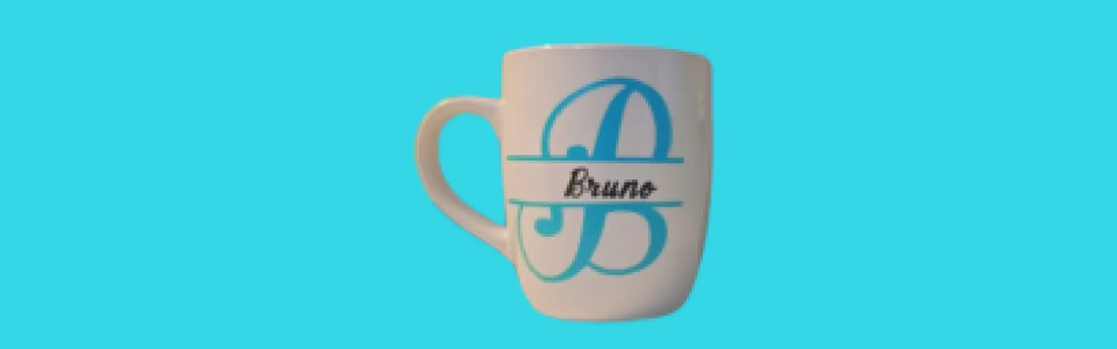 Mug decorated with the letter B and word Bruno using permanent vinyl