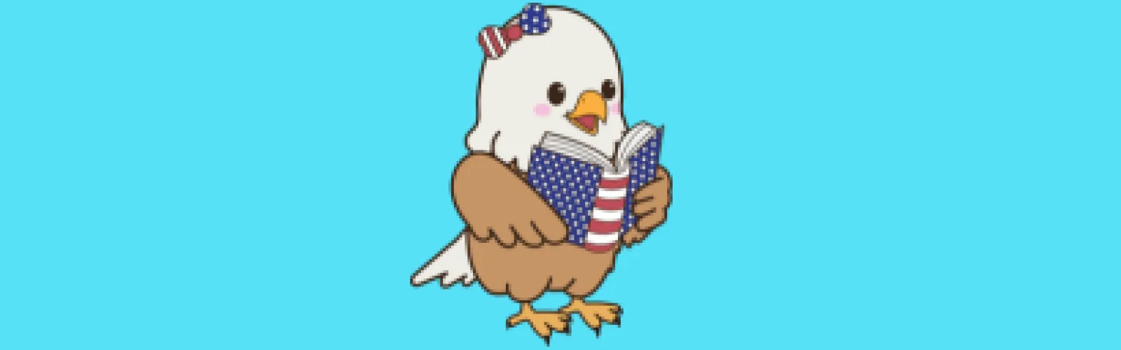 A patriotic eagle reading a red, white, and blue book
