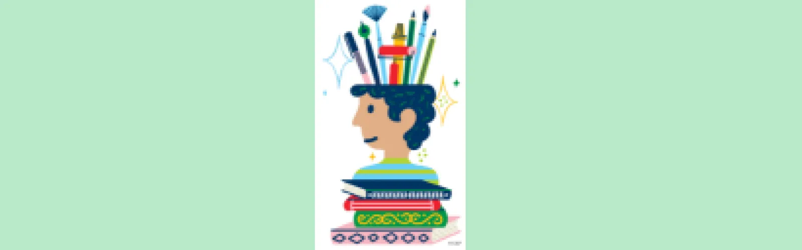 Summer reading graphic with a head on stack of books with art tools coming out of his head