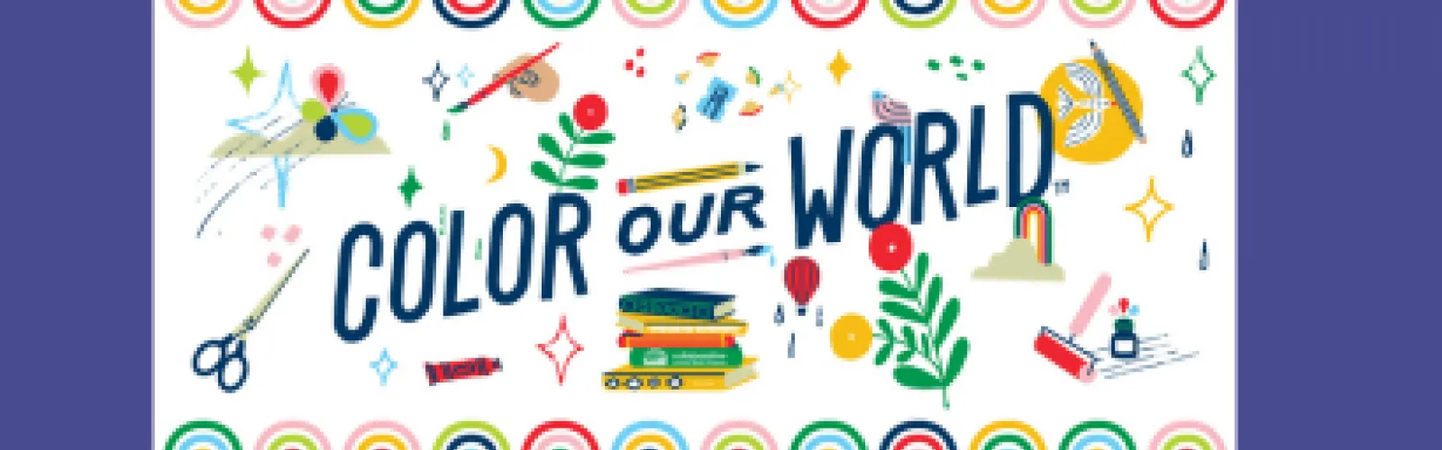 Color Our World 2025 Summer Program Logo with colorful artwork scattered around the words