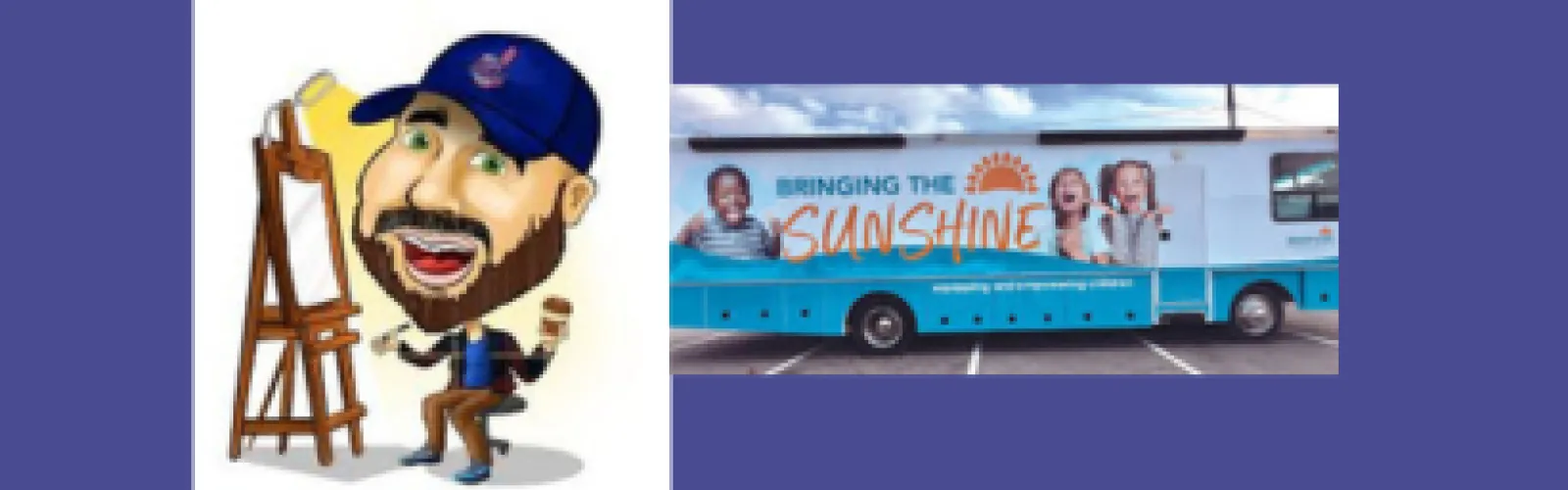 Caricature of artist Paris and a photo of the Brightside Bus
