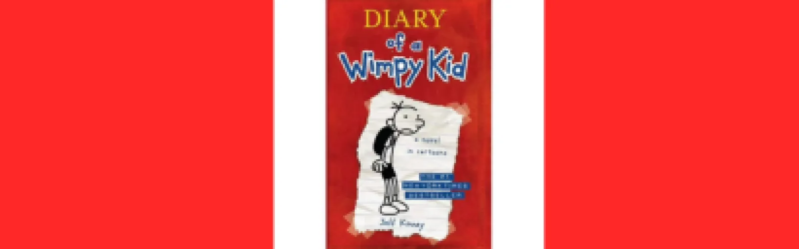 Cover of the book, Diary of a Wimpy Kid by Jeff Kinney with white and red background
