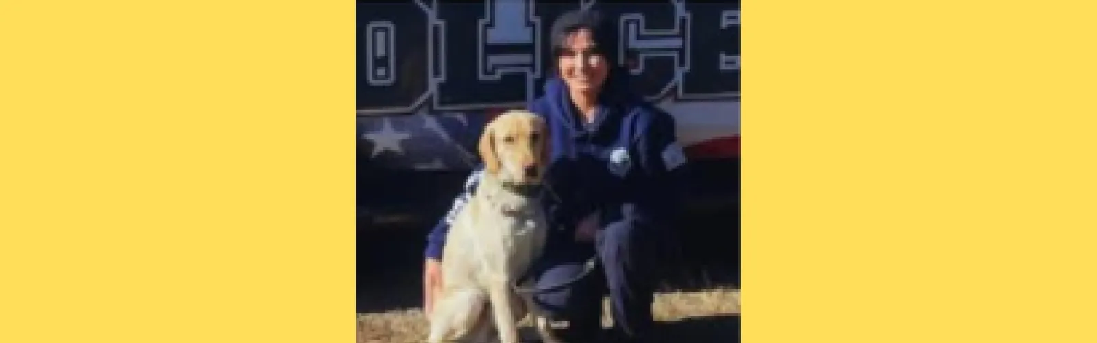 East Palestine's Police Dog Fran Chevy with her partner Officer Coontz on a yellow background