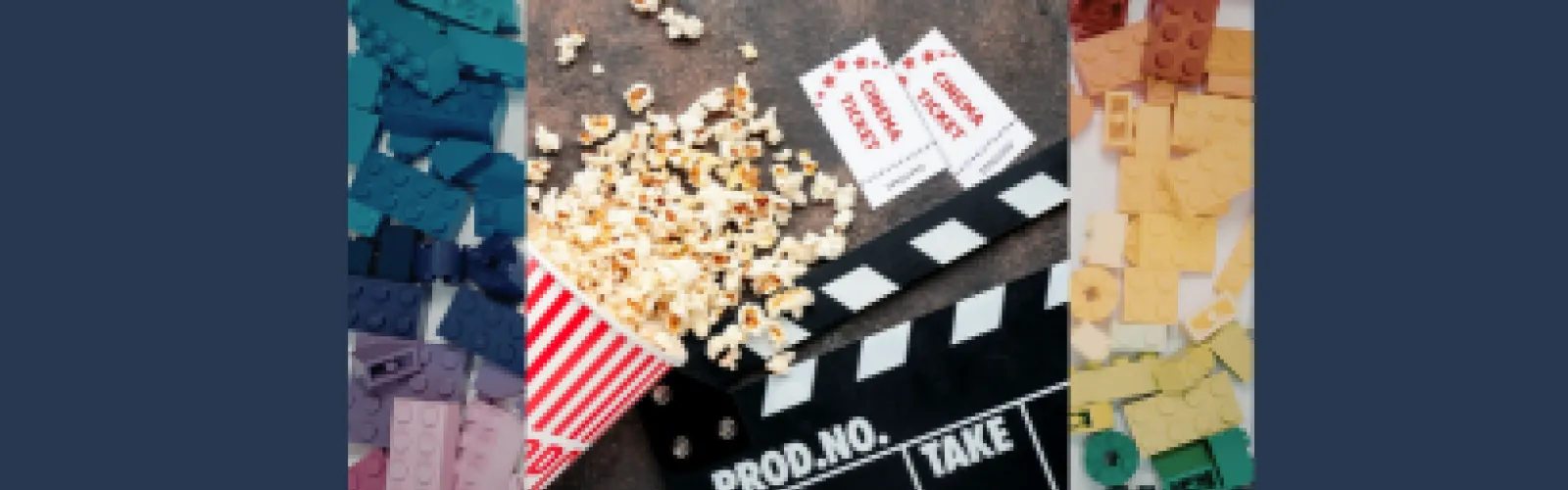 Movie clapboard, popcorn, and tickets surrounded by LEGOs