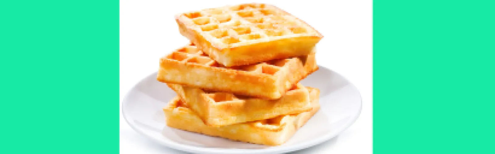 A stack of four waffles on a white plate with a green background