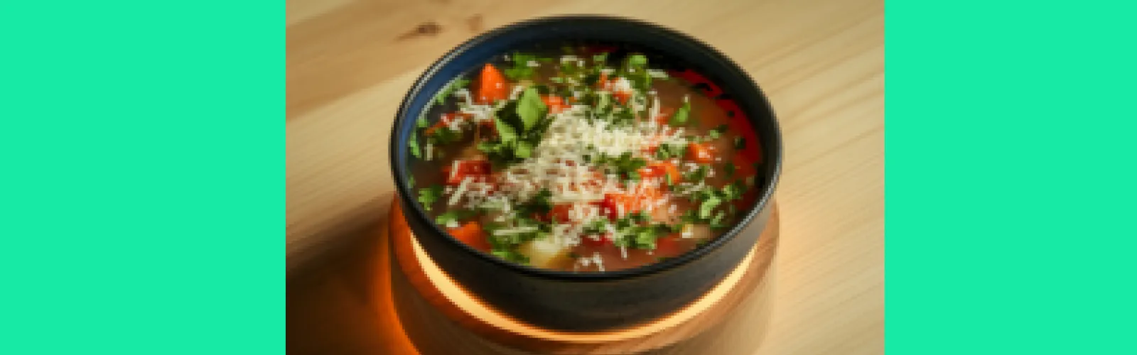 A bowl of soup with a green background
