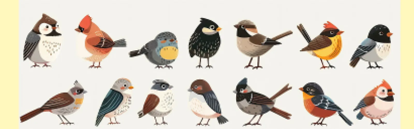 Drawings of various state birds of the United States on a yellow background